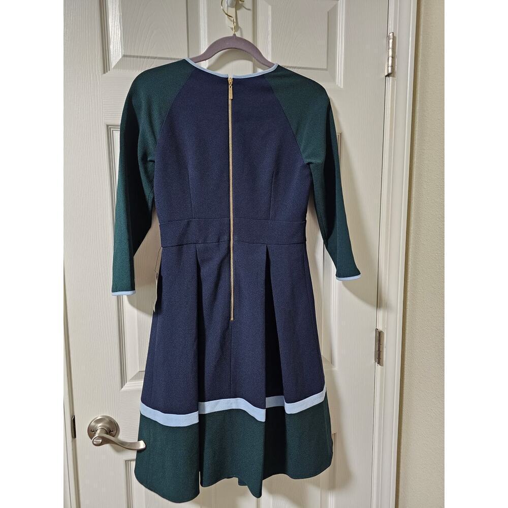 1901 NWT Sz4 Navy Blue Green block pleated fit n flare dress. Formal. Proper - Picture 16 of 16